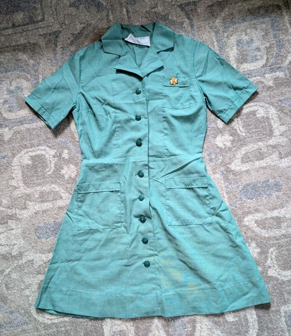 VTG Girl Scouts Uniform Dress Girls Size Green Cotton Button Front 60s Sz 6-7